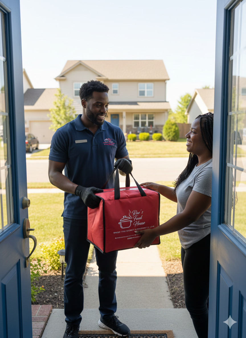 Delivery rider bringing prepared meals to a customer's home